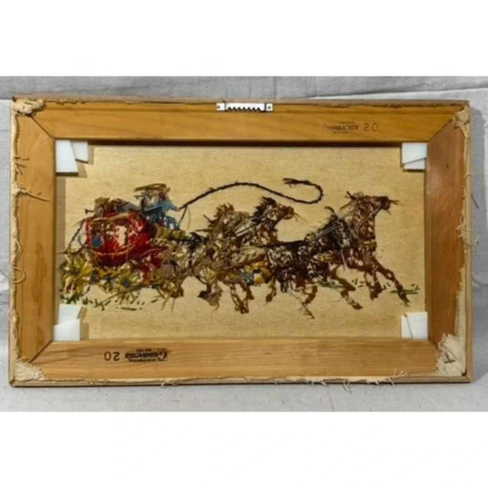Vintage Western Stagecoach Horse Needlepoint Framed Wall Art 20.5x13 Grumbacher